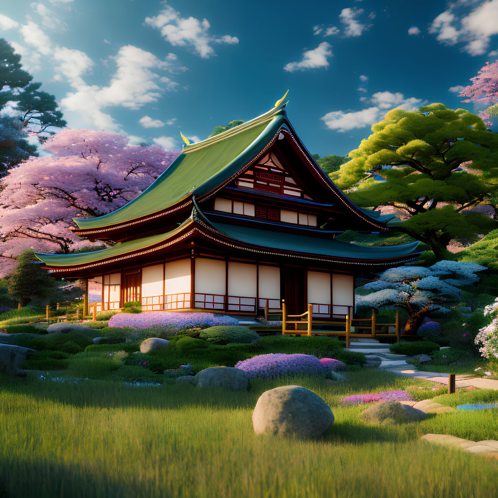 Japanese temple in vibrant garden with cherry blossoms at sunset