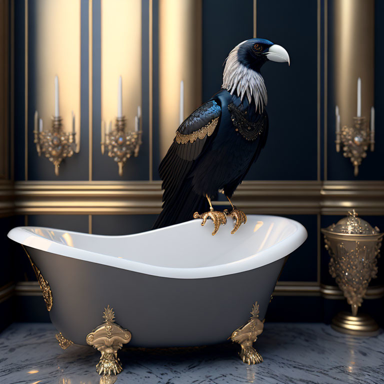 Majestic black bird perched on elegant clawfoot bathtub in luxurious room