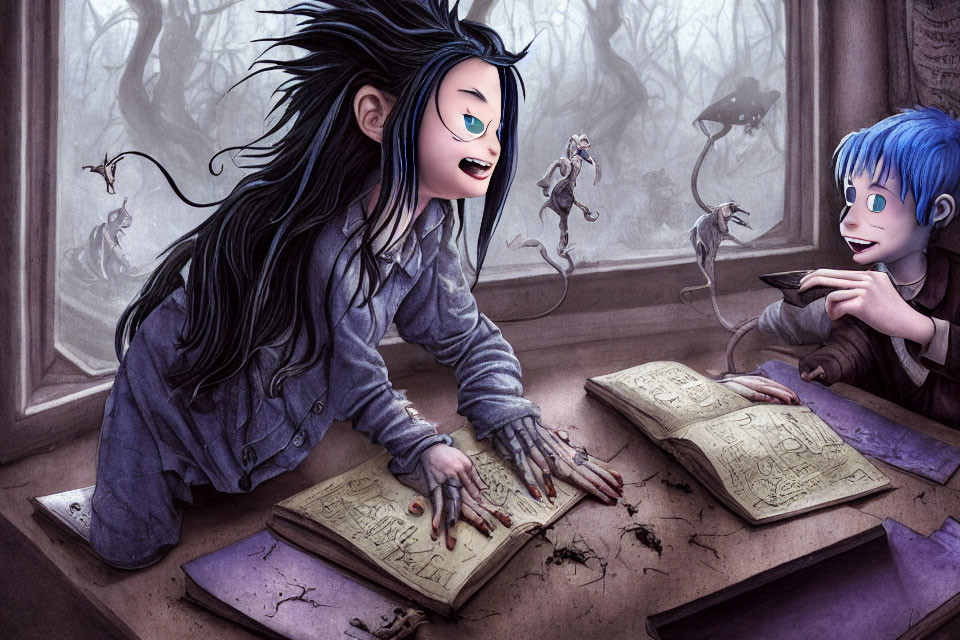 Animated children studying ancient books with ethereal creatures in enchanted forest.