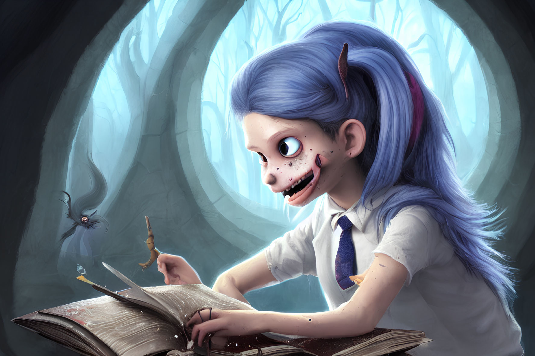 Blue-Haired Girl with Horns Reading Book in Forest with Winged Creature