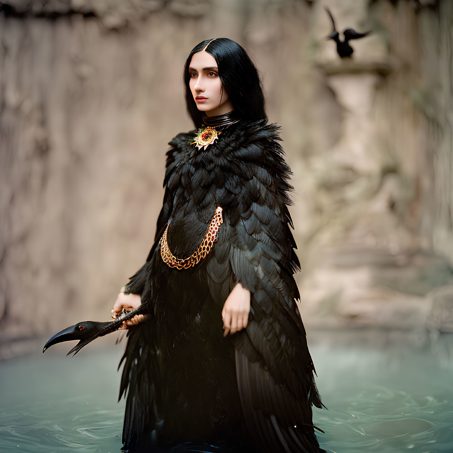 Person in feathered black outfit with bird-themed necklace holding a raven in water with flying birds.