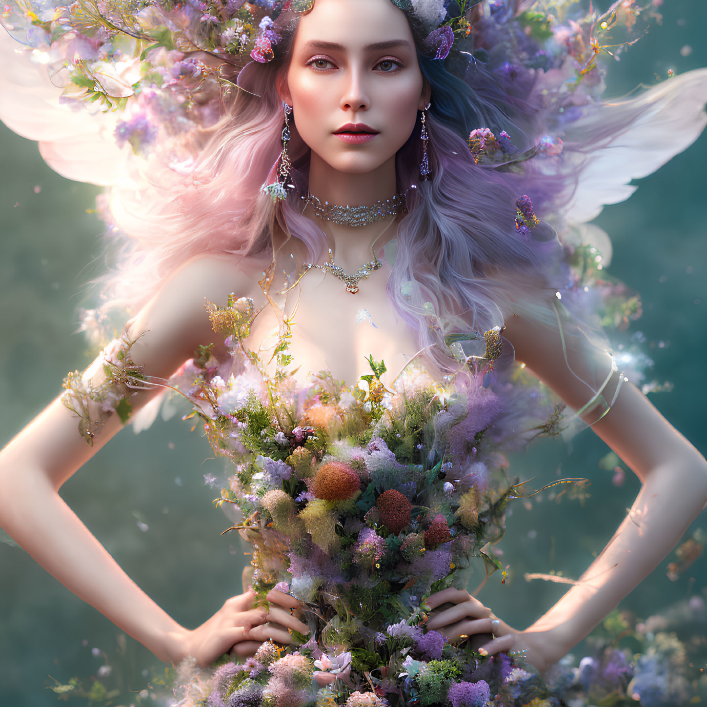 Woman with ethereal wings and floral attire in fantastical art