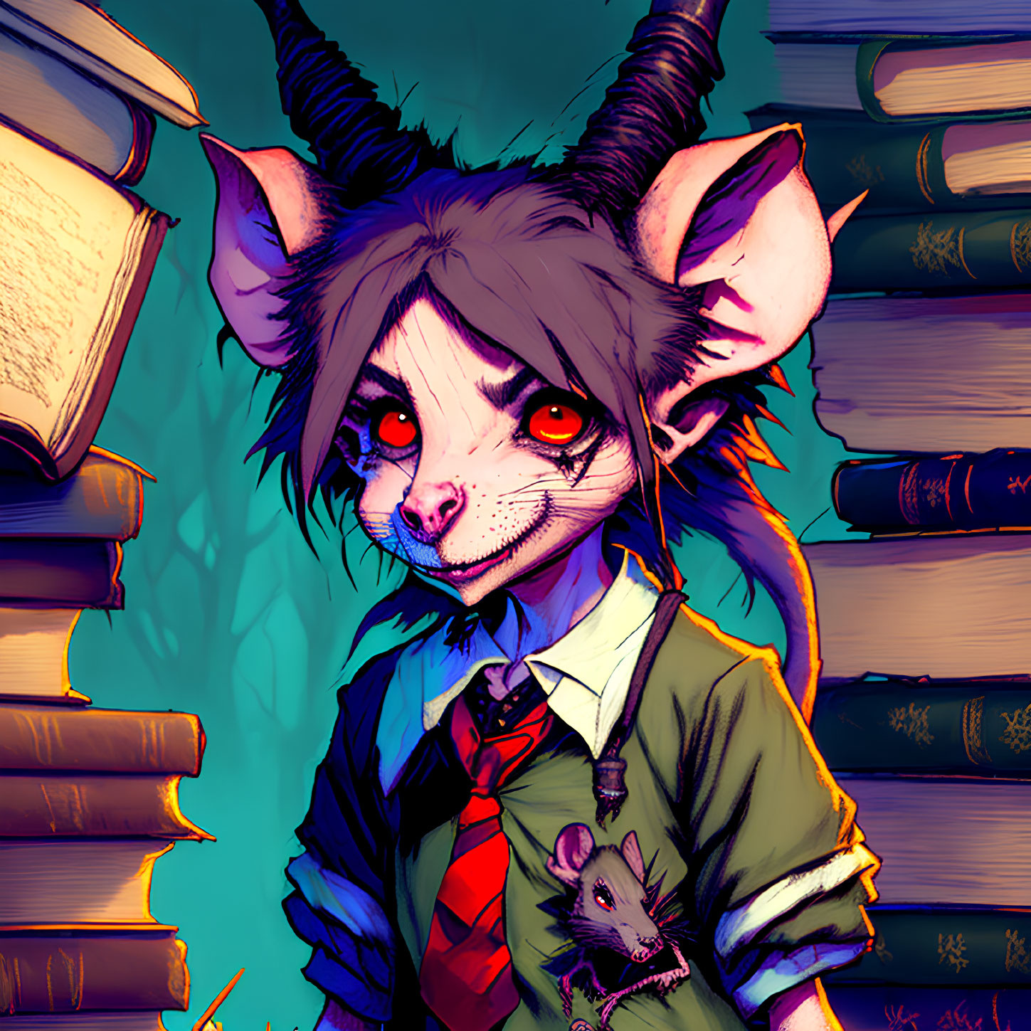 Anthropomorphic rat with red eyes, dark hair, in shirt, tie, vest, near stack