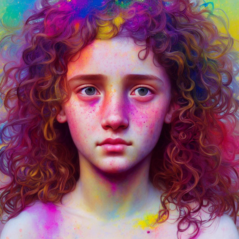 Vibrant portrait of young person with curly hair and colorful powder.