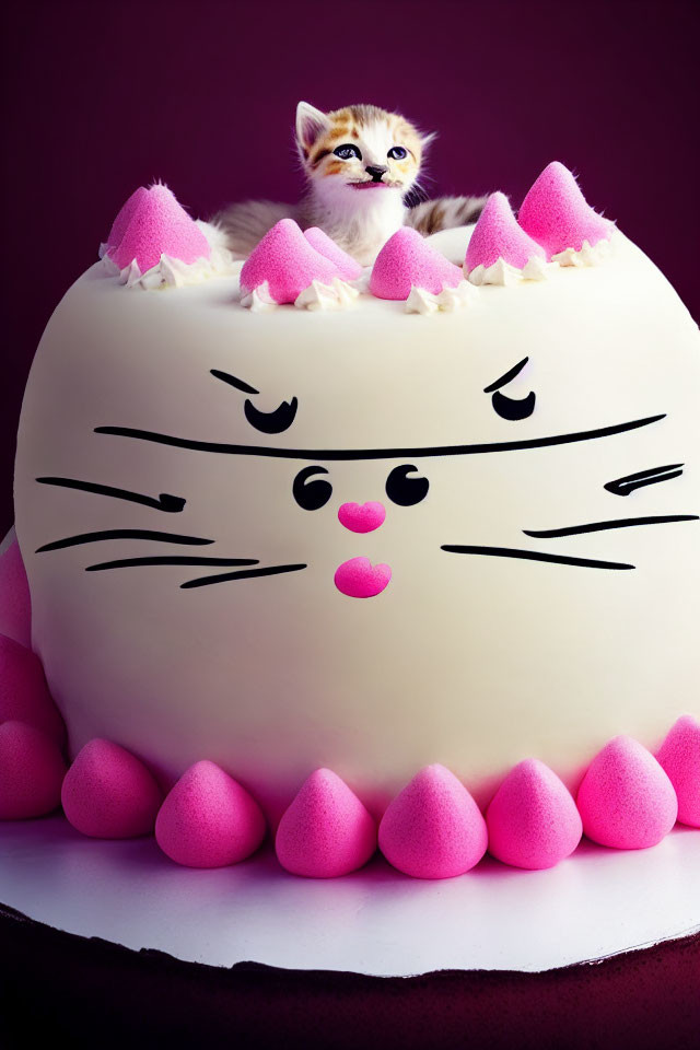 Adorable kitten on whimsical cat-themed cake with pink accents