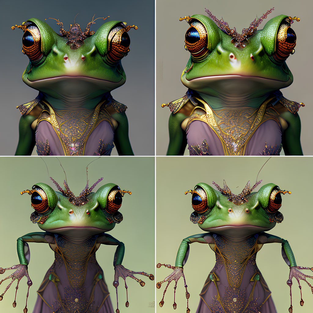 Stylized humanoid frog character with vibrant eyes and ornate jewelry in different poses