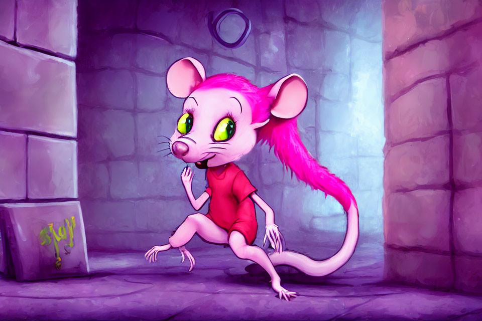 Pink mouse with green eyes in red shirt in purple stonewall room with 'Stop' graffiti