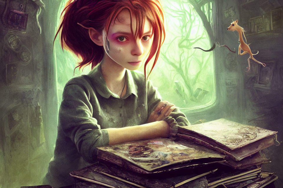 Red-haired girl with pointed ears studying book in cluttered magical room