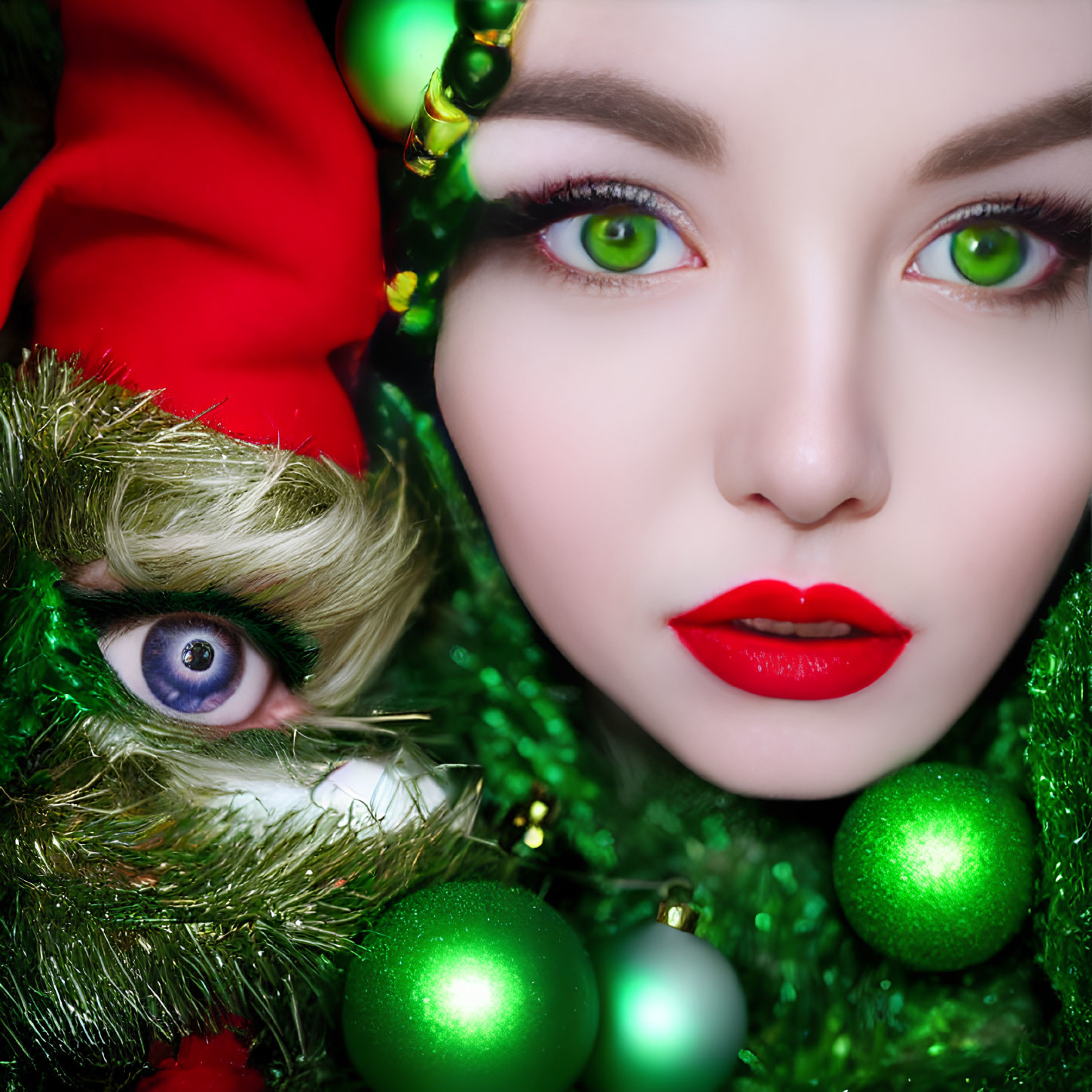 Person with Bright Green Eyes and Red Lips in Santa Hat with Christmas Decorations