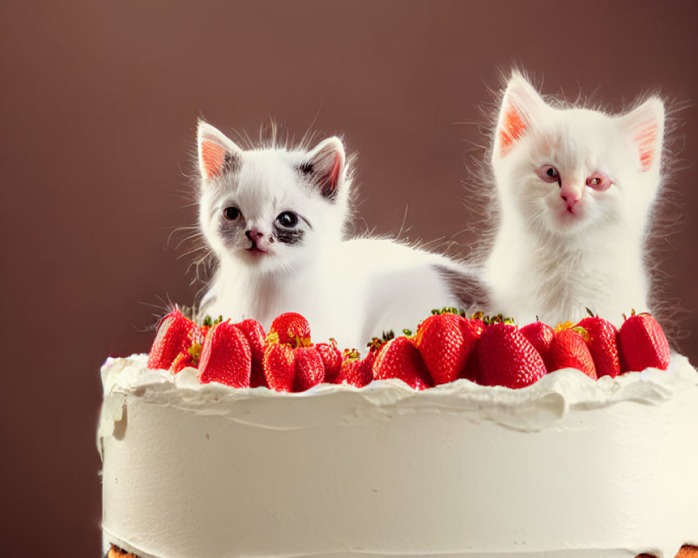 White kittens on strawberry cake against brown background
