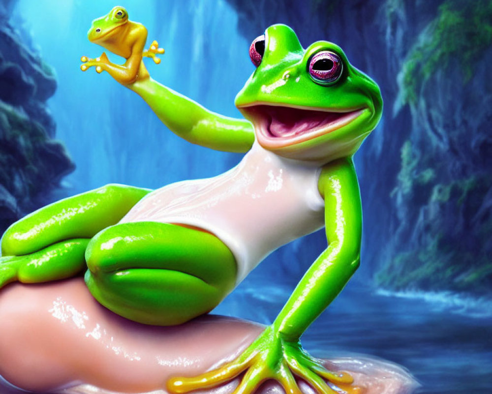 Colorful digital artwork featuring large green frog holding smaller yellow frog near waterfalls