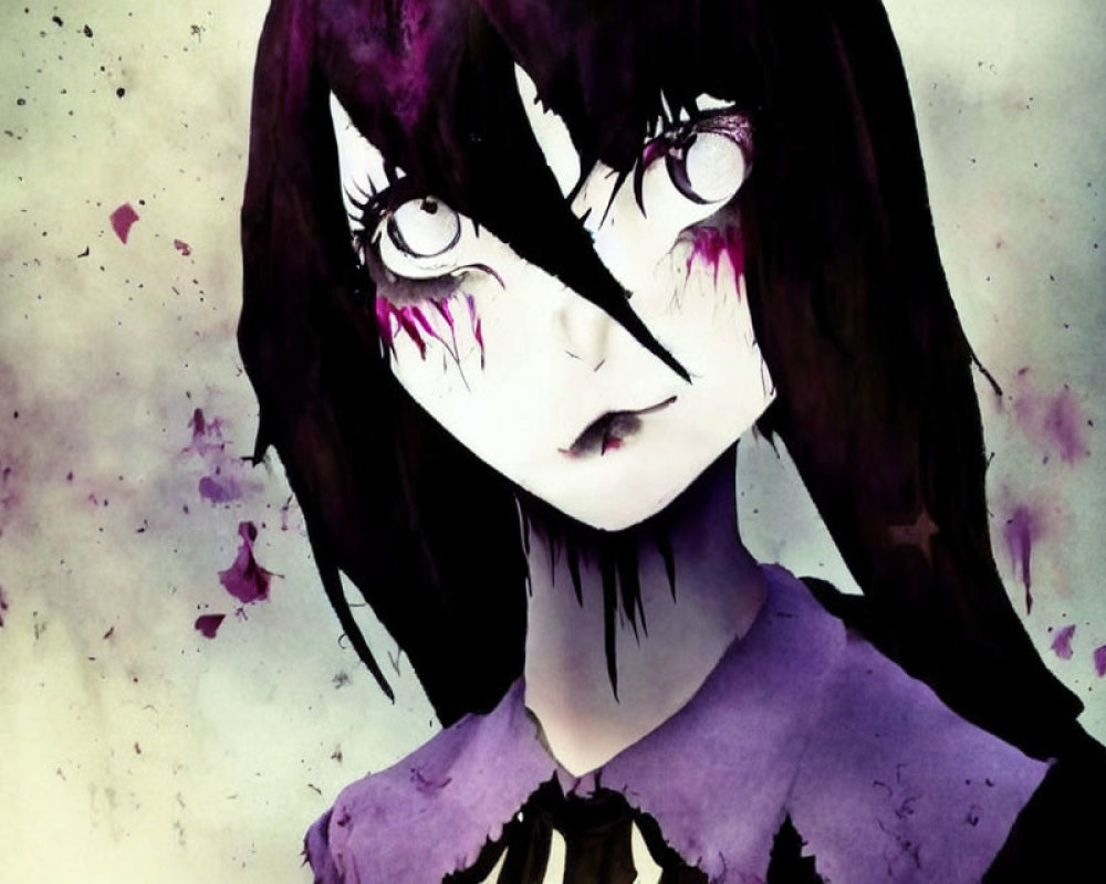 Anime-style illustration: Black-haired girl with purple eyes and red tear-like streaks, on splattered
