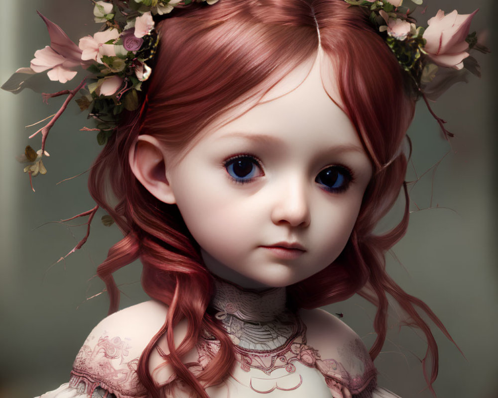 Digital artwork featuring young girl with blue eyes, red hair, and floral crown