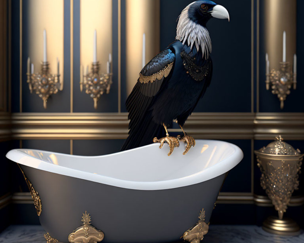 Majestic black bird perched on elegant clawfoot bathtub in luxurious room