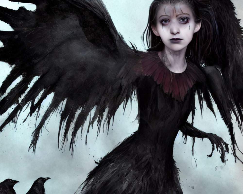 Dark fantasy art of young girl with raven wings and bird companion