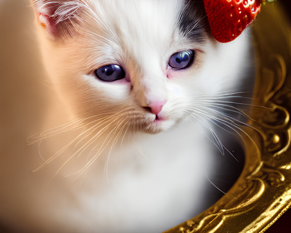 White kitten with heterochromia and blue-pink nose peeking over golden frame with strawberry on