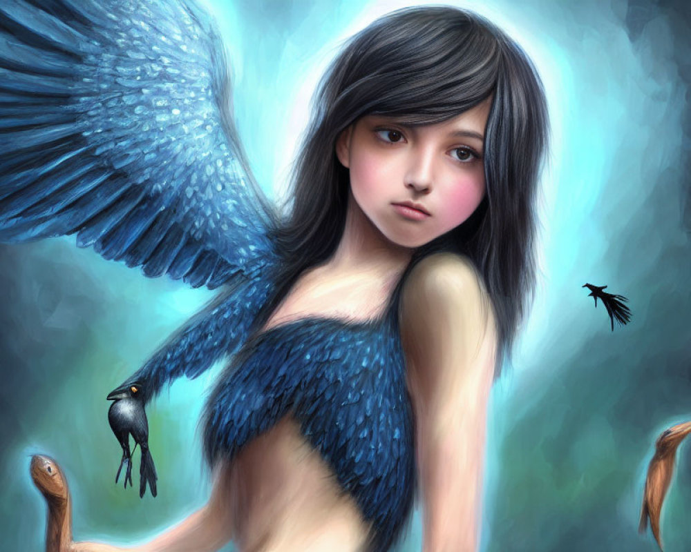 Digital artwork featuring girl with large feathered wing, birds, and wooden figure