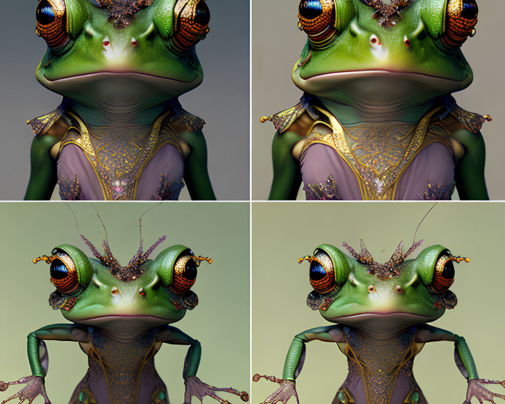 Stylized humanoid frog character with vibrant eyes and ornate jewelry in different poses