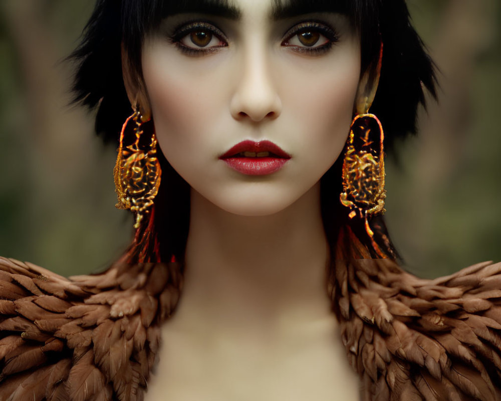 Woman with Striking Makeup and Black Hair in Feathered Garment
