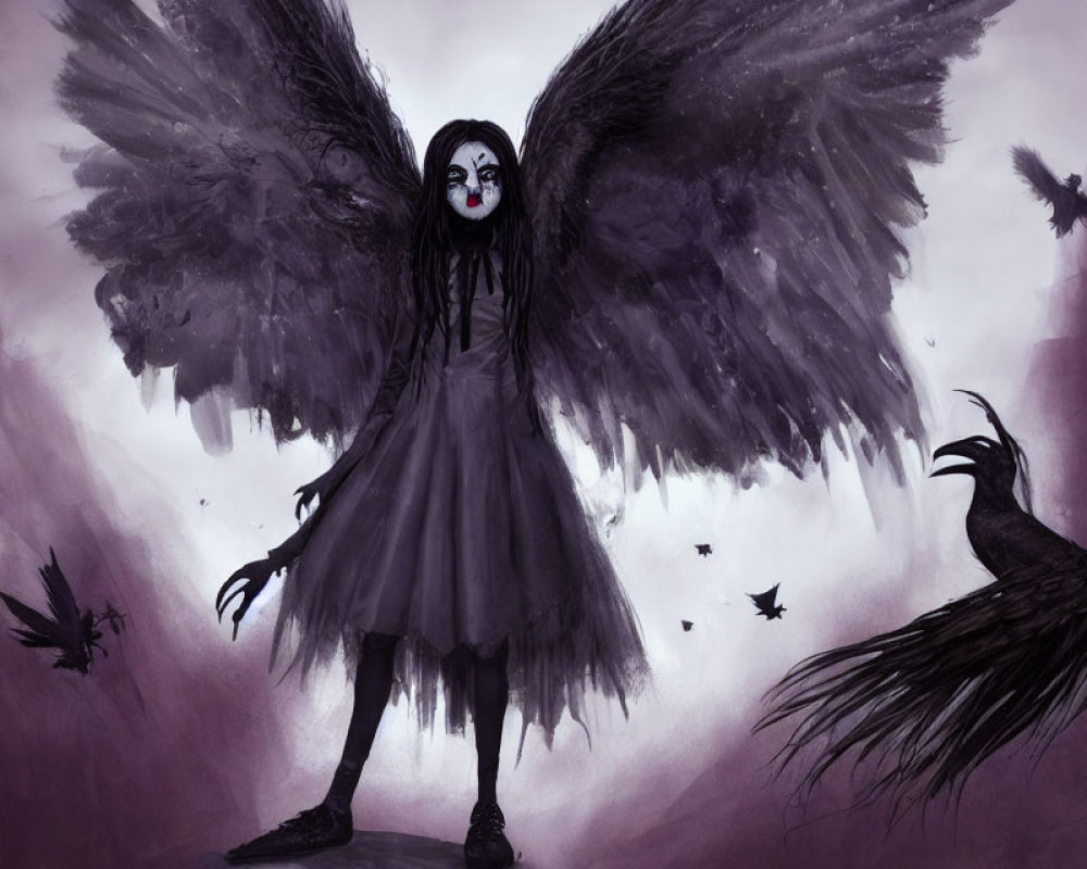Gothic illustration of humanoid figure with black wings and ravens on purple backdrop