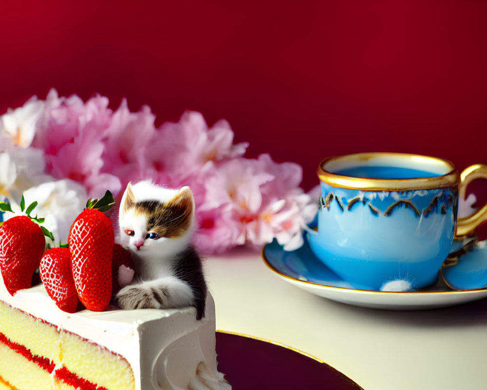 Adorable kitten in cake with strawberries and tea set near flowers