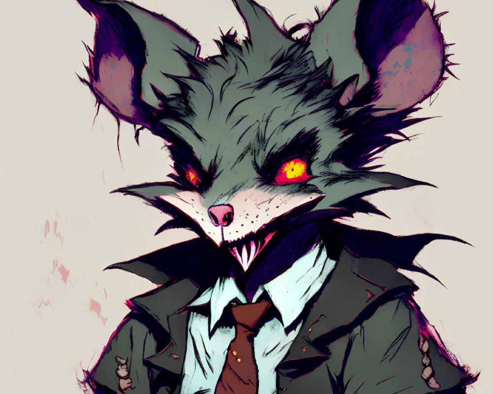 Menacing anthropomorphic rat in suit with red eyes and sharp teeth