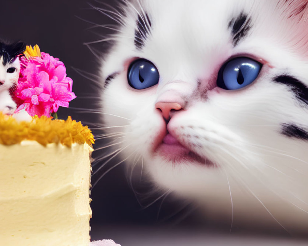 Fluffy white cat with blue eyes and cake slice with pink flower