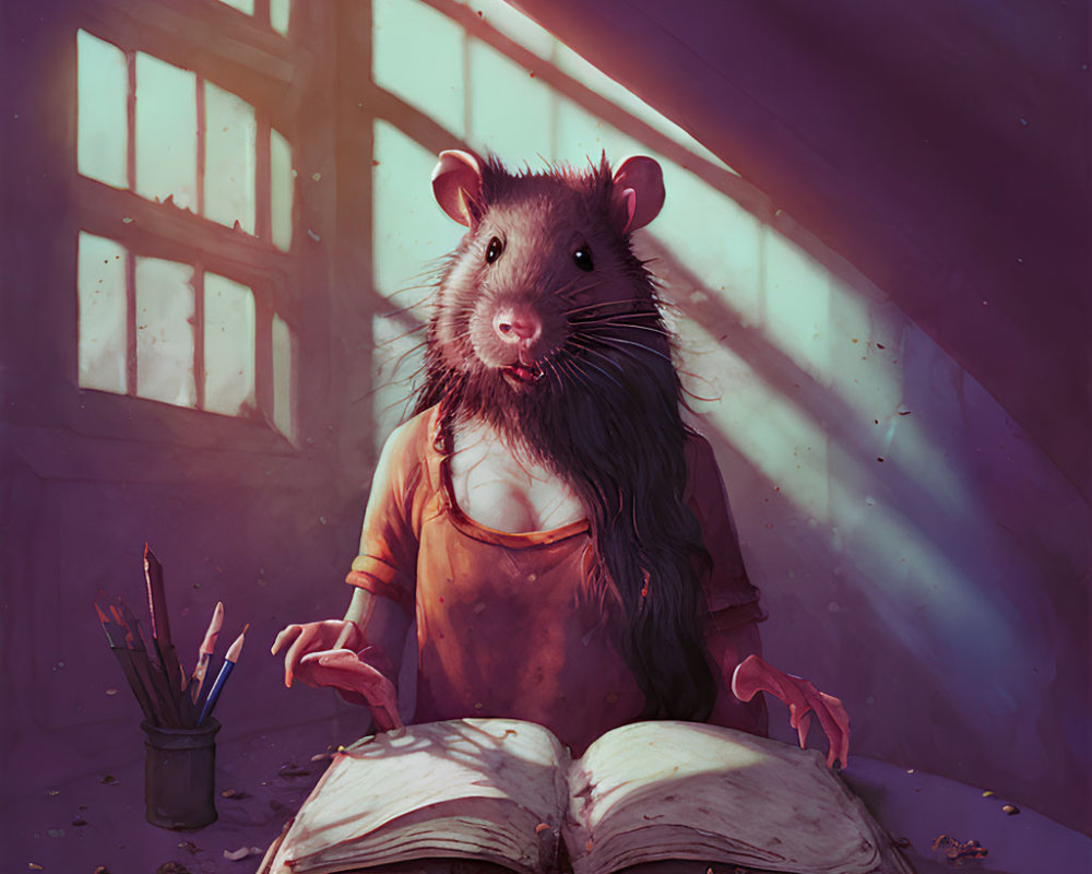 Anthropomorphic rat in orange shirt reading book in dim room with sunlight.