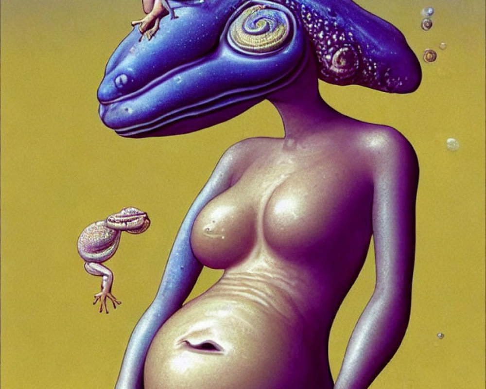 Surreal illustration of small person on blue frog-like creature