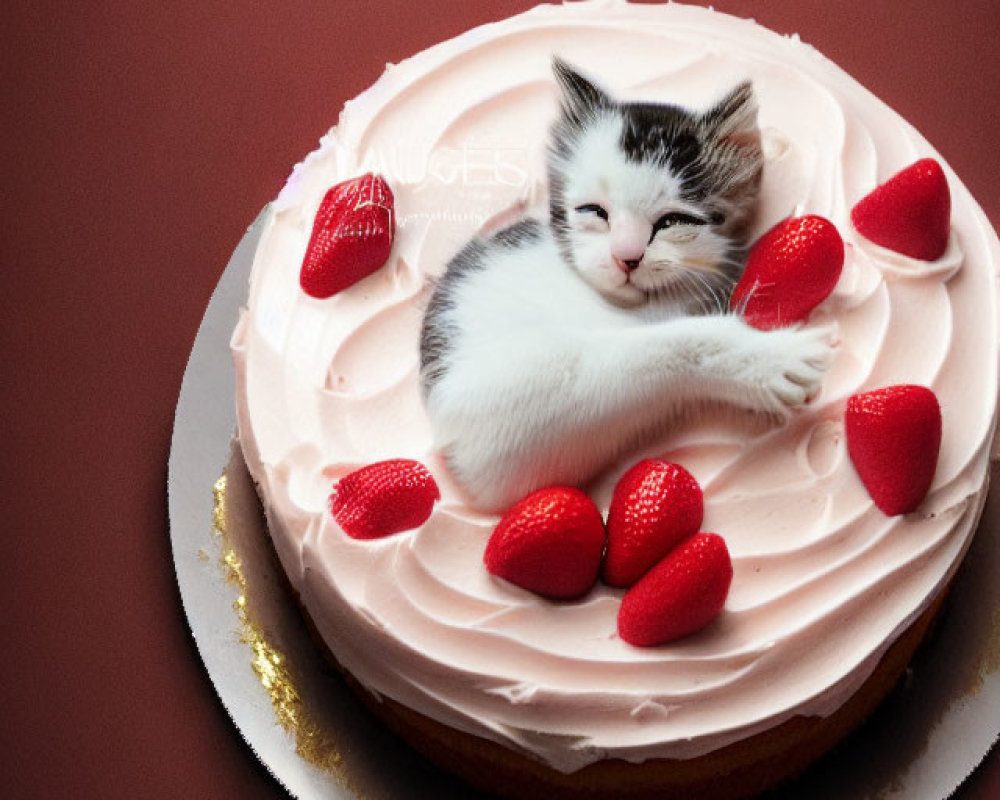Adorable kitten on pink cake with strawberries and gold leaf on maroon background