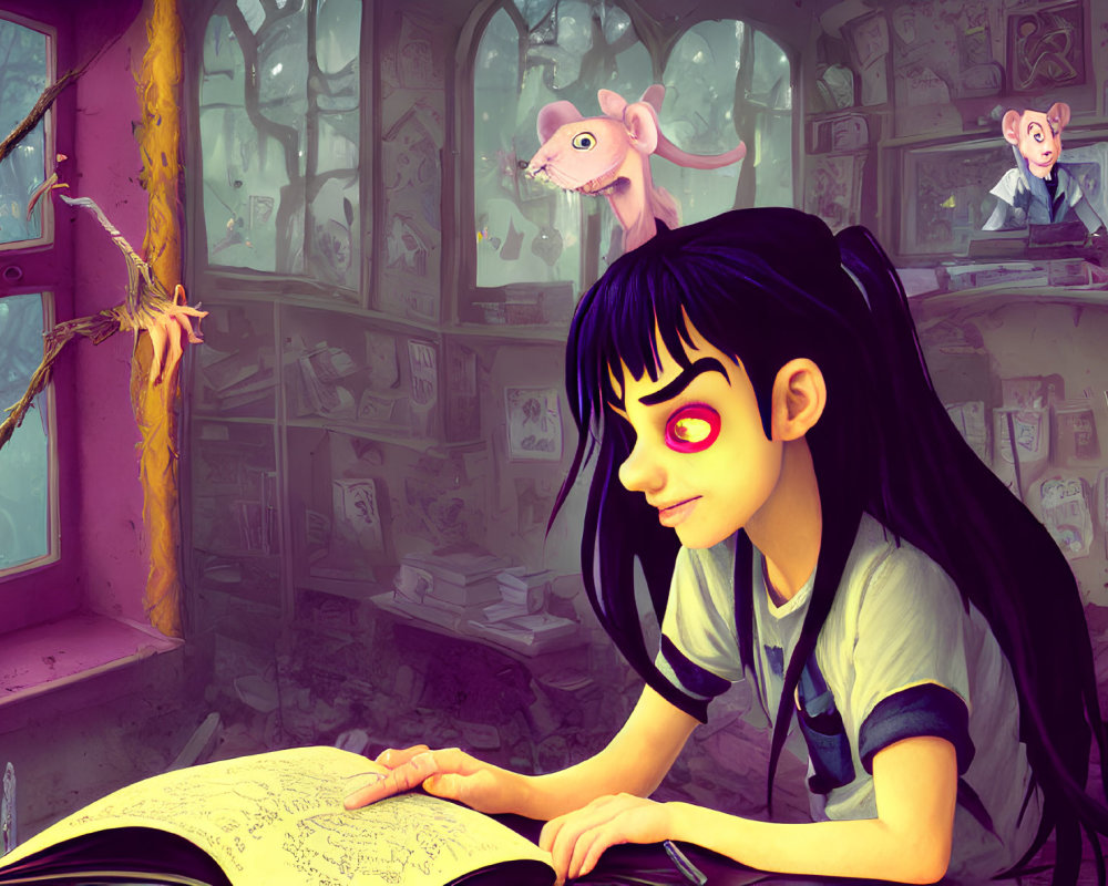 Black-haired girl reading in purple room with magical creatures