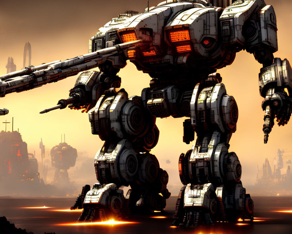 Massive quadrupedal robots with twin canons in a dystopian cityscape.