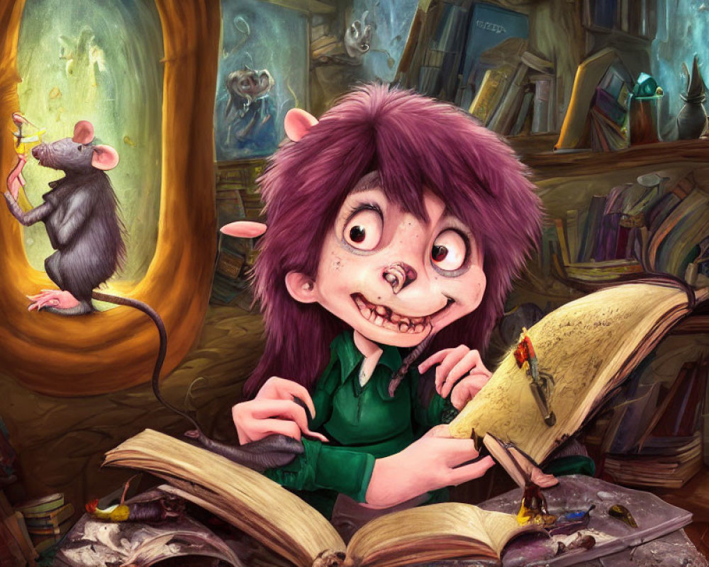Illustration of girl with purple hair reading spellbook with mouse quill on bookshelf.