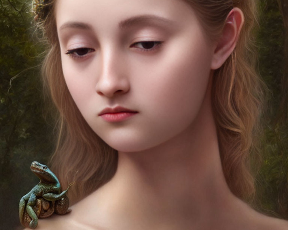 Young woman with crown of thorns and frog on shoulder in serene portrait