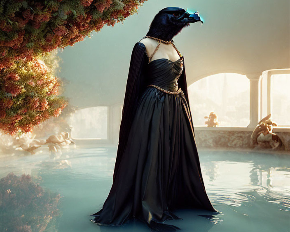 Mysterious figure in raven mask in serene water landscape