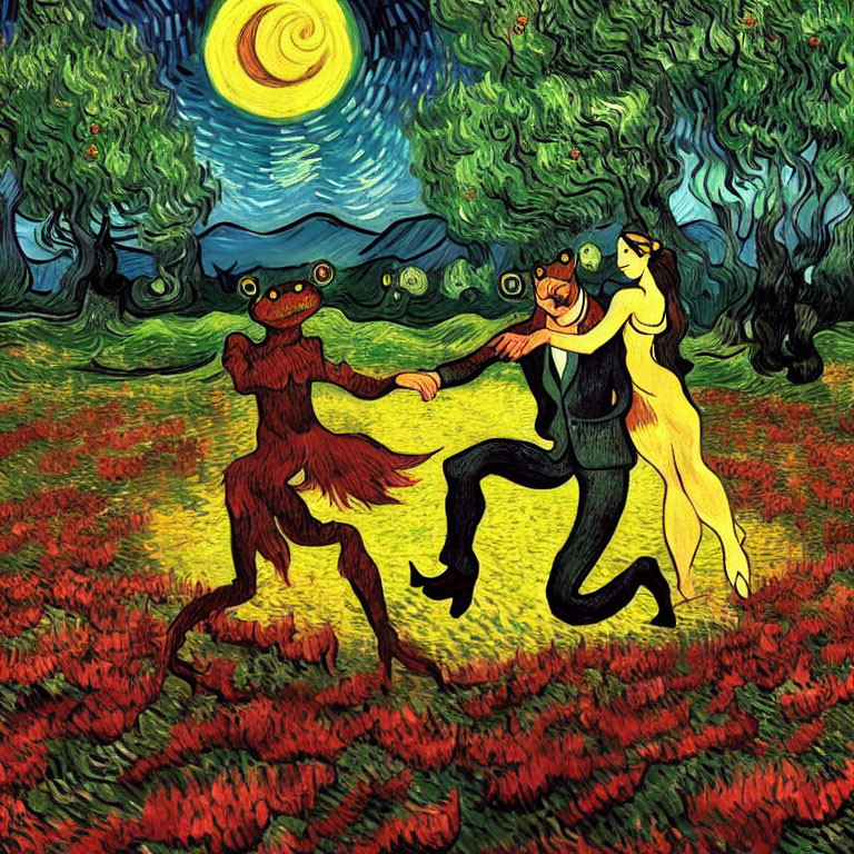 Vibrant Stylized Painting of Figures in Dance-Like Movement