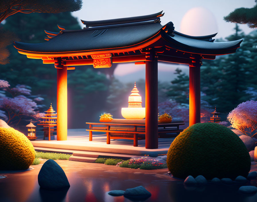 Japanese garden at twilight with torii gate, lanterns, pagoda, lush greenery, and