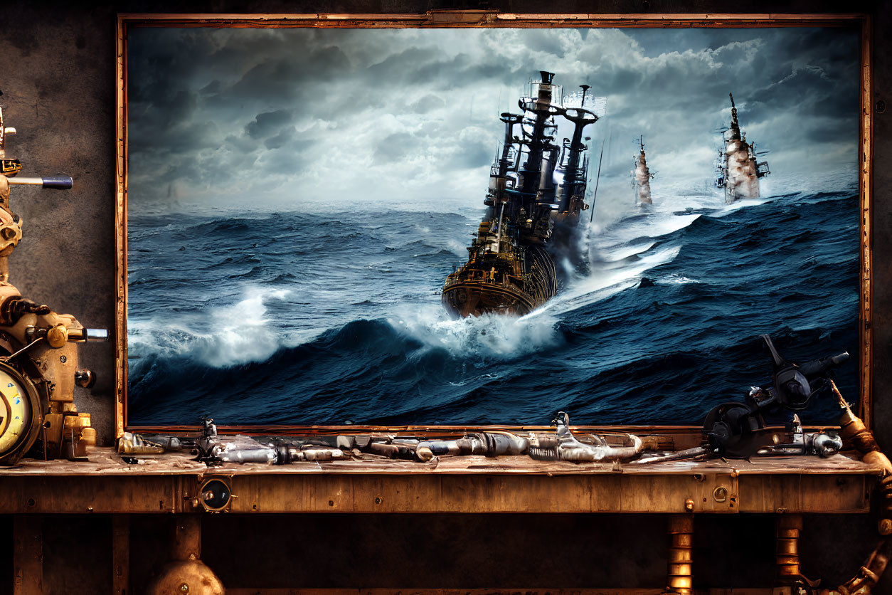 Framed image of two old-fashioned ships in stormy seas
