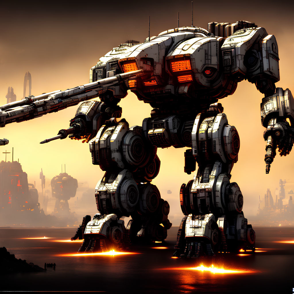 Massive quadrupedal robots with twin canons in a dystopian cityscape.