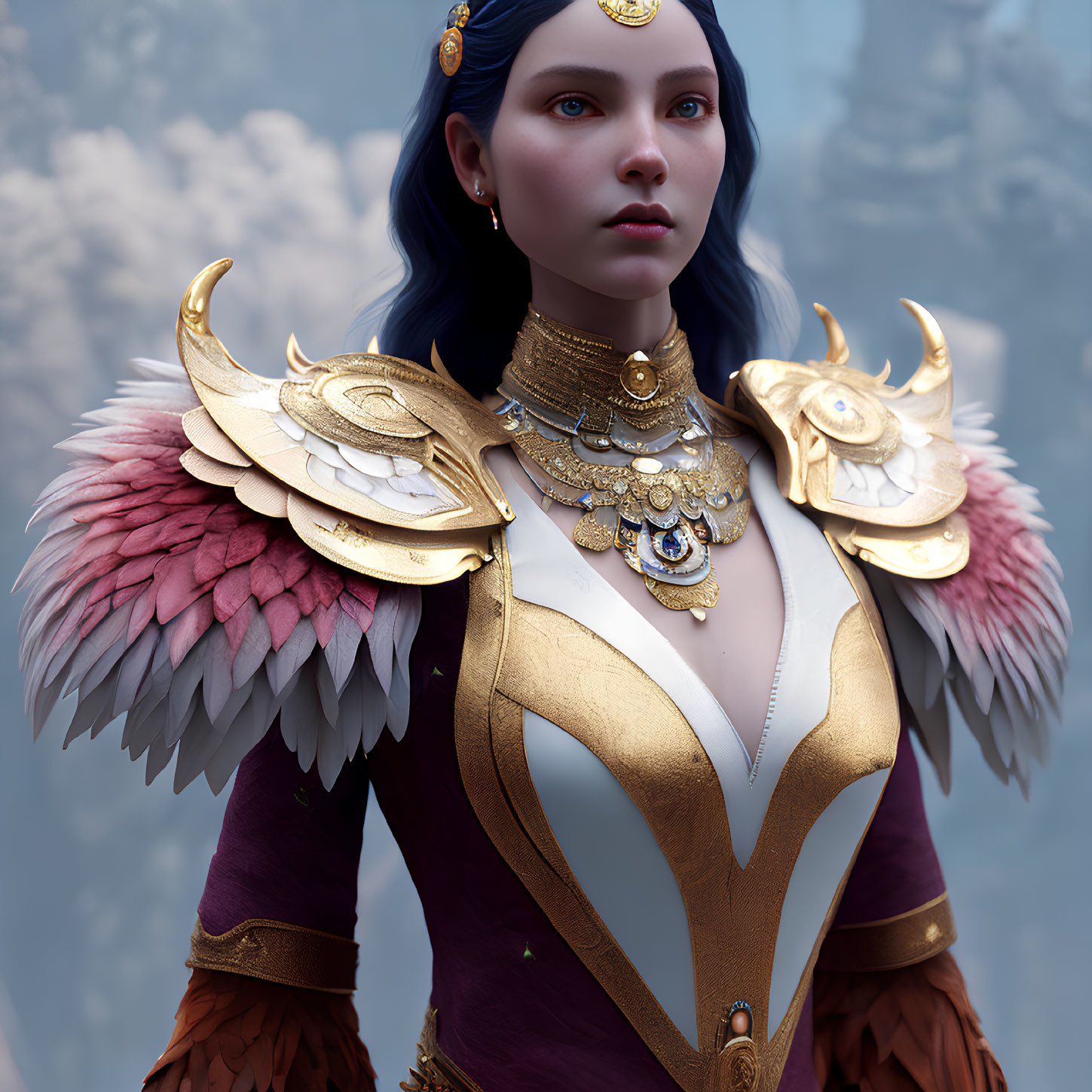 Blue-skinned female elf in ornate gold armor with pink feathers