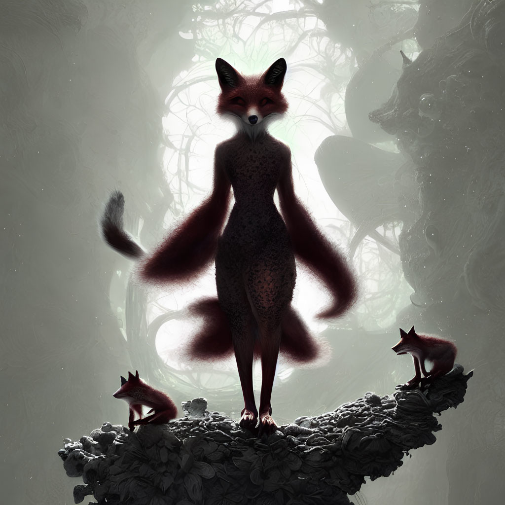 Anthropomorphic fox on rock surrounded by mist and smaller foxes in ethereal light