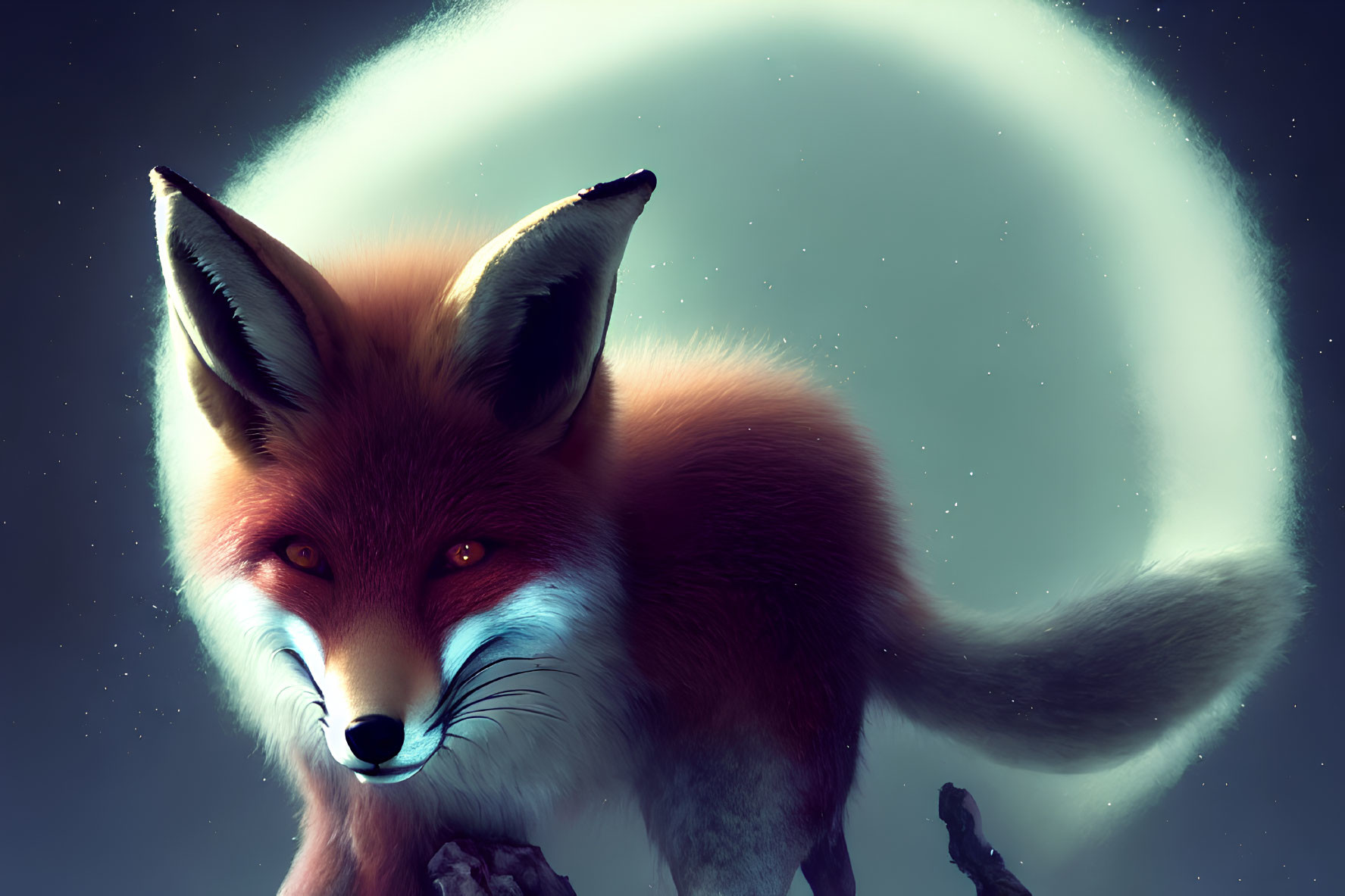 Red Fox with Blue Eyes in Nocturnal Moonlit Scene