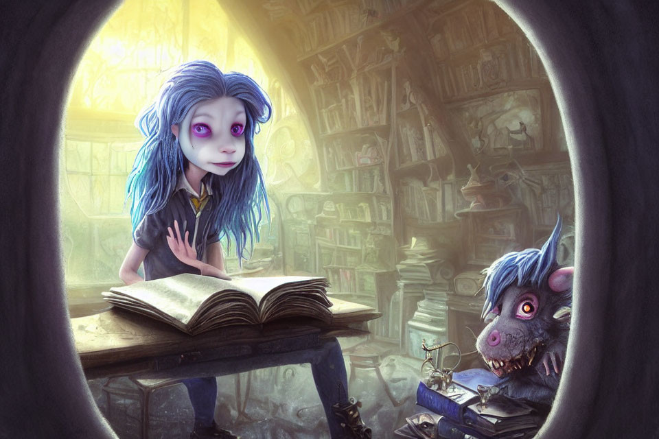 Animated scene: Girl with blue hair reading a large book in a room full of books