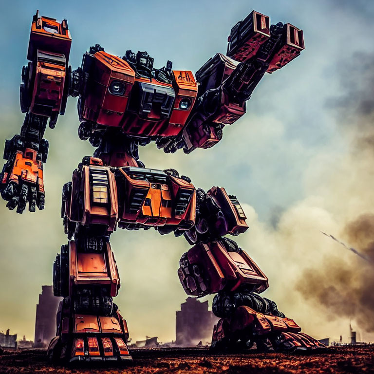 Giant red and orange robot in smoky battlefield under cloudy sky