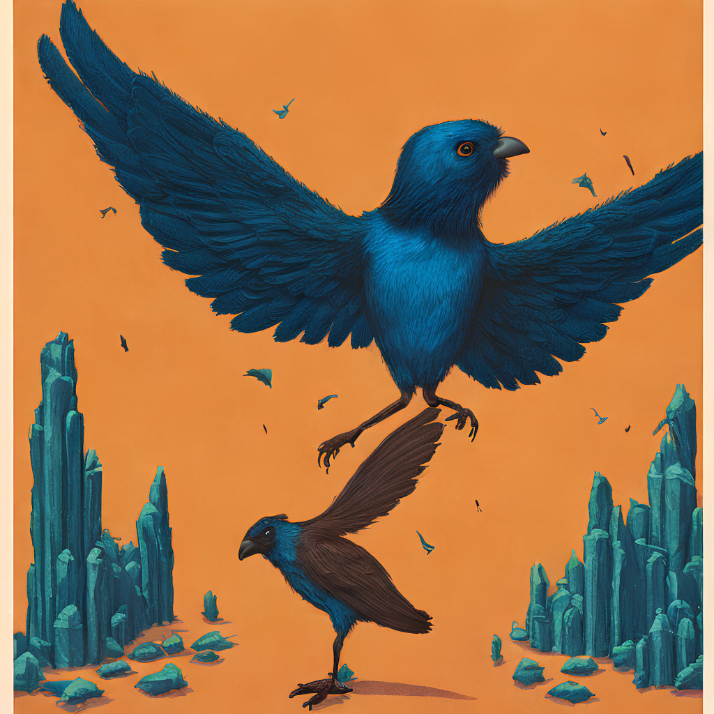 Vivid illustration of two blue birds on crystalline structures against orange background