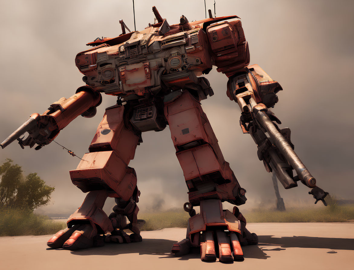 Red battle mech with dual cannons and weathered armor under hazy sky