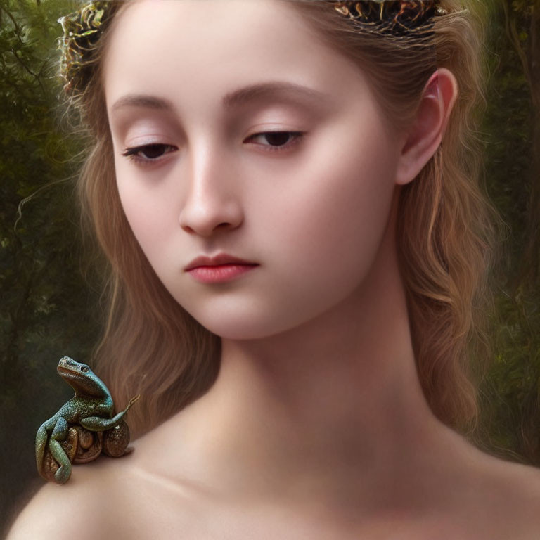 Young woman with crown of thorns and frog on shoulder in serene portrait