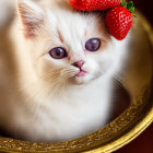 White kitten with heterochromia and blue-pink nose peeking over golden frame with strawberry on