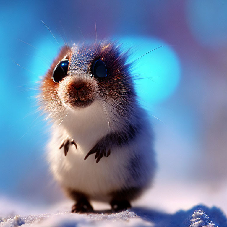 Fluffy animated hamster with big blue eyes in snowy setting