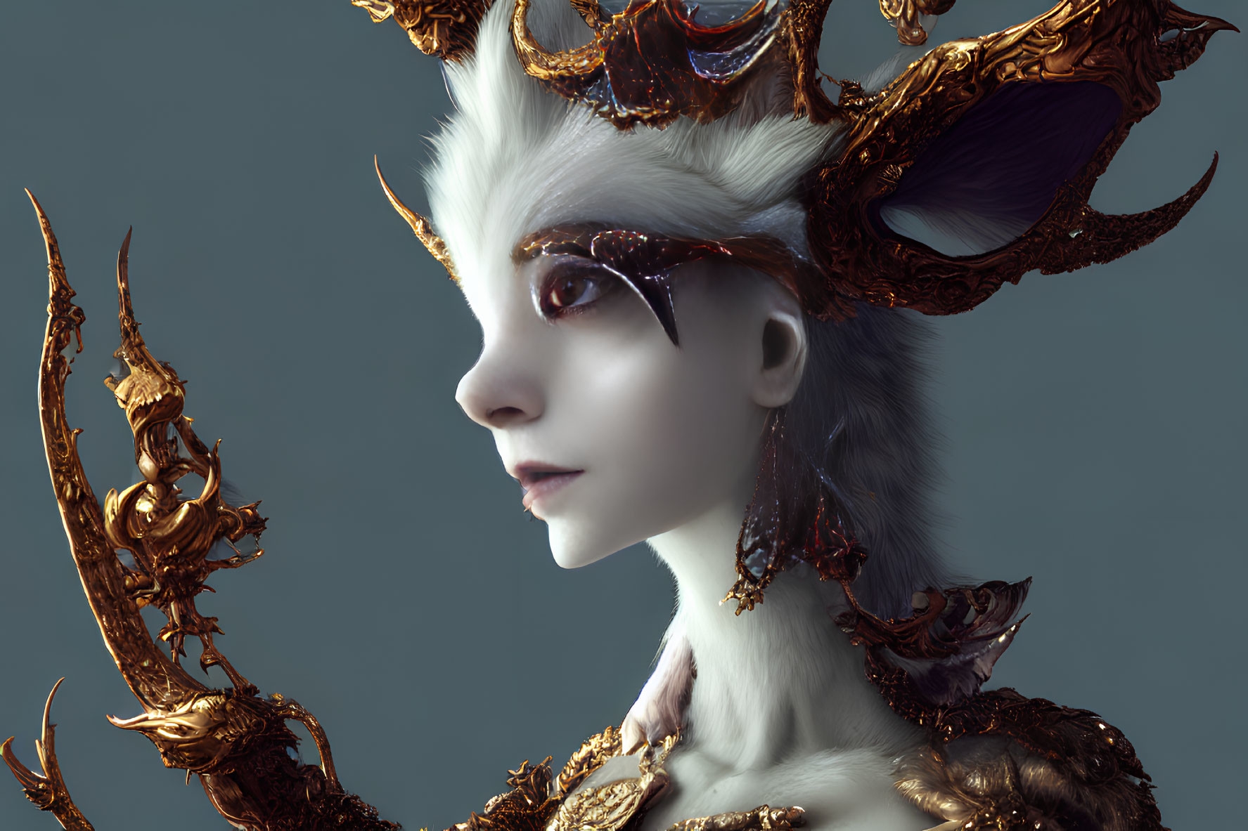 Majestic creature with white fur, golden armor, and antlers